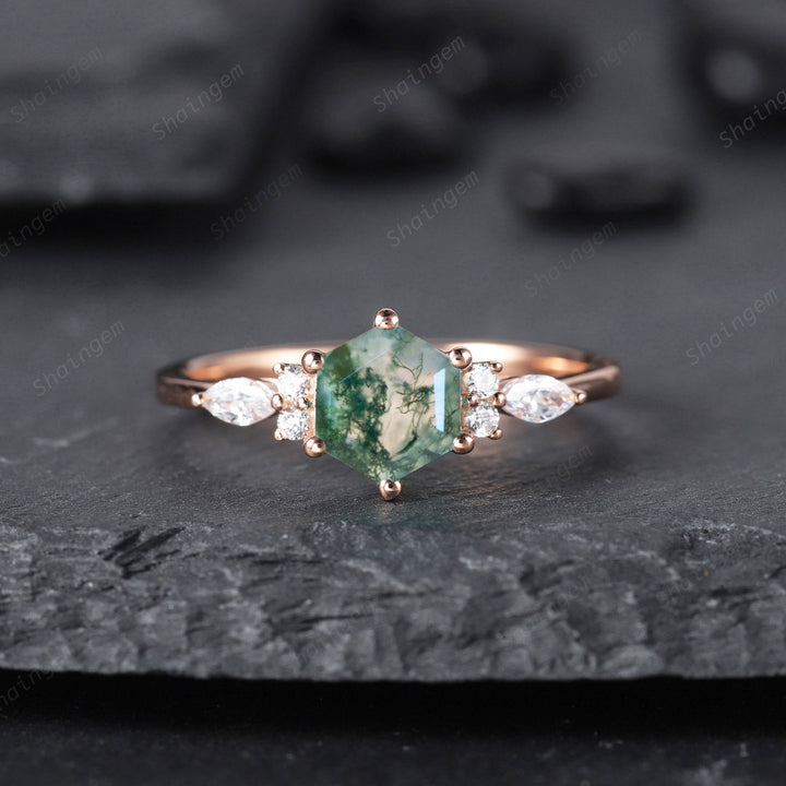 Unique Hexagon Moss Agate Engagement Ring, Vintage 14K White Gold 925 Sterling Silver Moss Agate Promise Ring, Art Deco Wedding Ring Gift - ShainJewelry