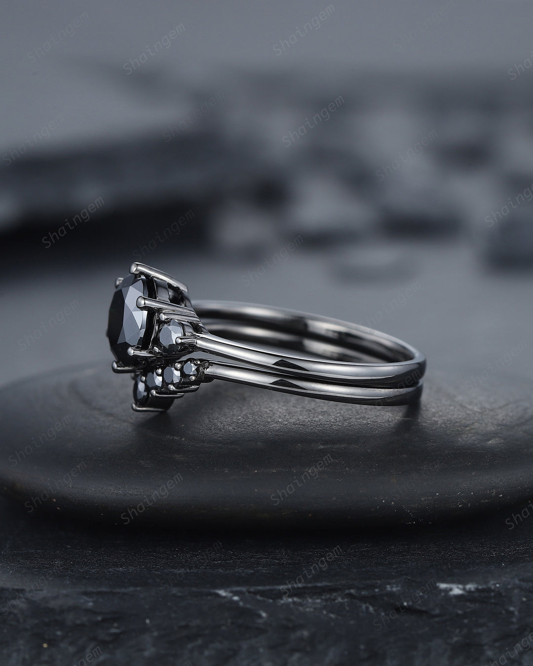 Vintage Black Gold Round Cut Moissanite Engagement Ring, Rhodium Black Moissanite Wedding Set, Unique Dark Bridal Set, Black Promise Ring - ShainJewelry
