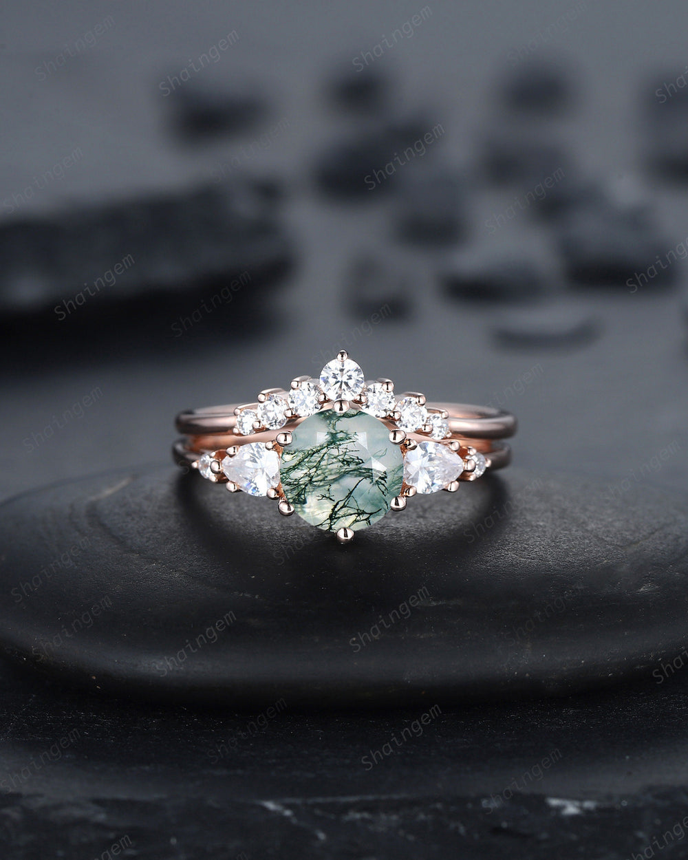 Vintage Round Moss Agate and Moissanite Engagement Ring Set, Unique Rose Gold Moss Agate Promise Ring Agate Bridal Set Anniversary Ring Gift - ShainJewelry