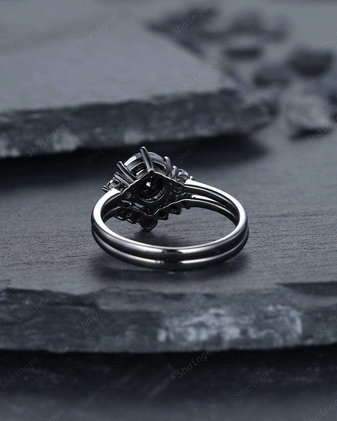 Vintage Black Gold Round Cut Moissanite Engagement Ring, Rhodium Black Moissanite Wedding Set, Unique Dark Bridal Set, Black Promise Ring - ShainJewelry