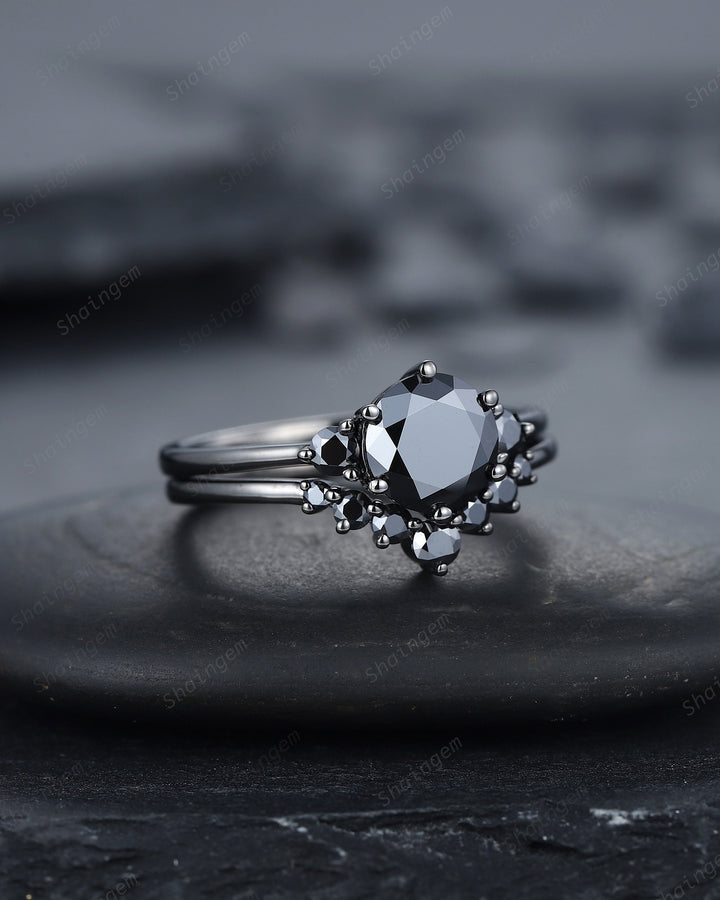 Vintage Black Gold Round Cut Moissanite Engagement Ring, Rhodium Black Moissanite Wedding Set, Unique Dark Bridal Set, Black Promise Ring - ShainJewelry