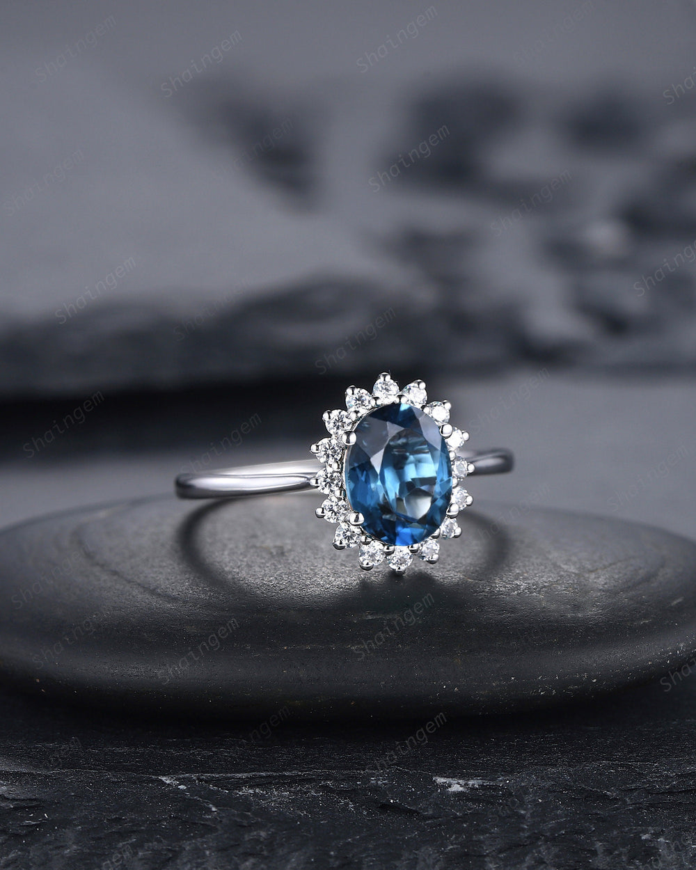 Vintage London Blue Topaz Engagement Ring ,14K White Gold Cluster Promise Ring, Oval Topaz Floral Wedding Ring, Unique Topaz Bridal Ring - ShainJewelry