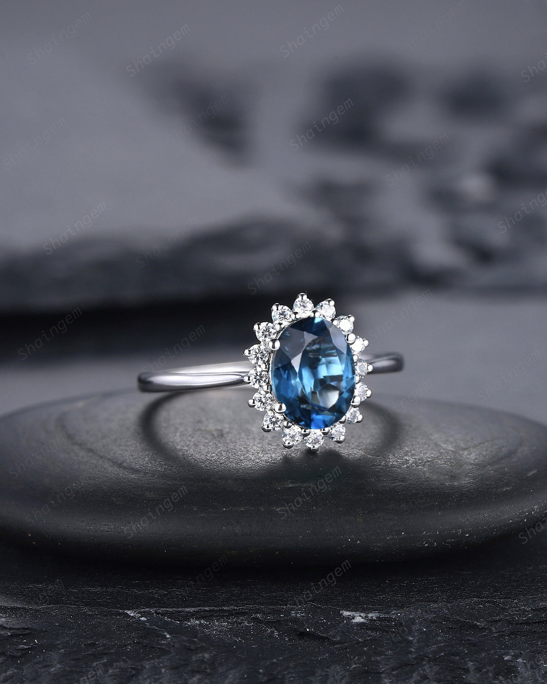 Vintage London Blue Topaz Engagement Ring ,14K White Gold Cluster Promise Ring, Oval Topaz Floral Wedding Ring, Unique Topaz Bridal Ring - ShainJewelry