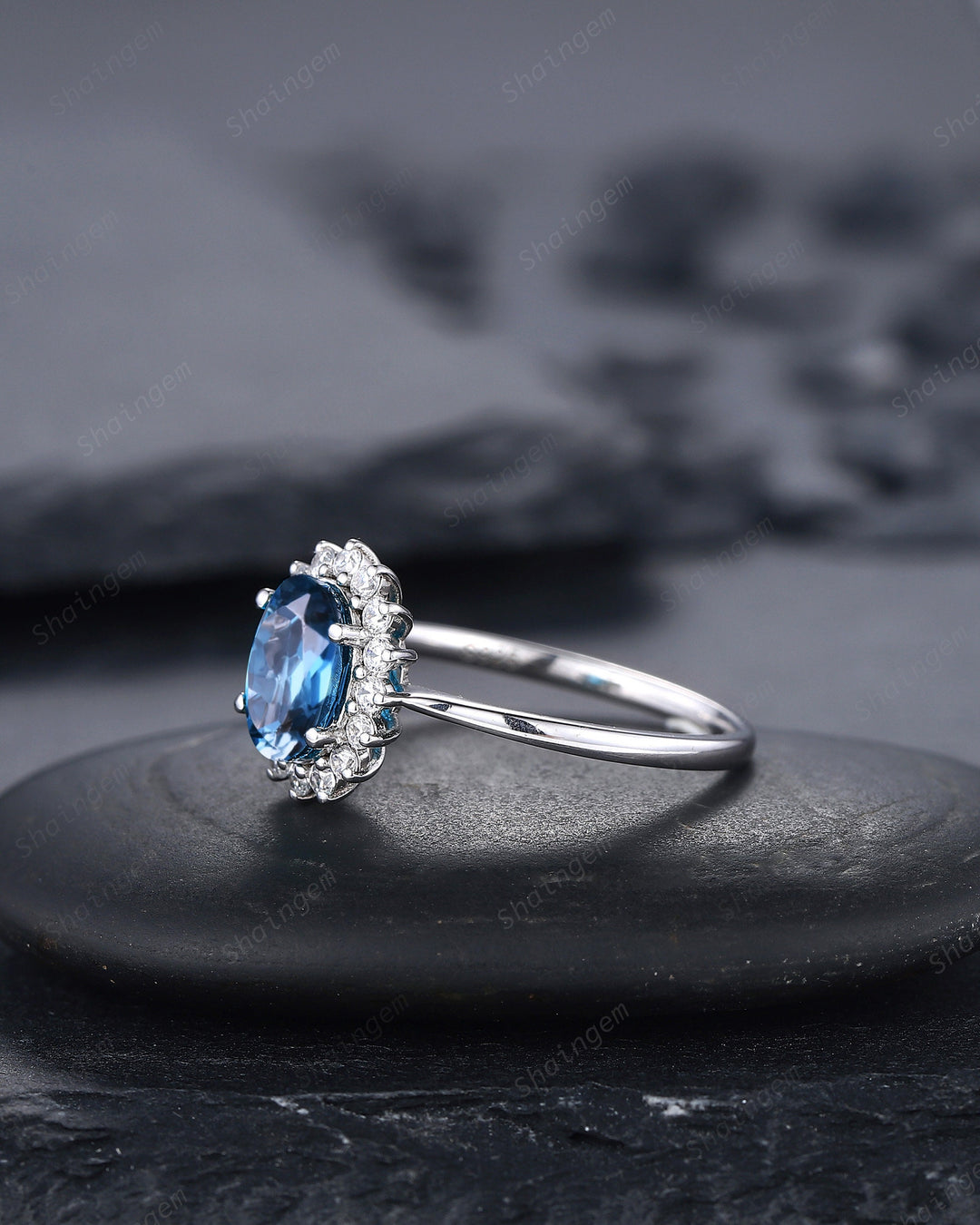 Vintage London Blue Topaz Engagement Ring ,14K White Gold Cluster Promise Ring, Oval Topaz Floral Wedding Ring, Unique Topaz Bridal Ring - ShainJewelry