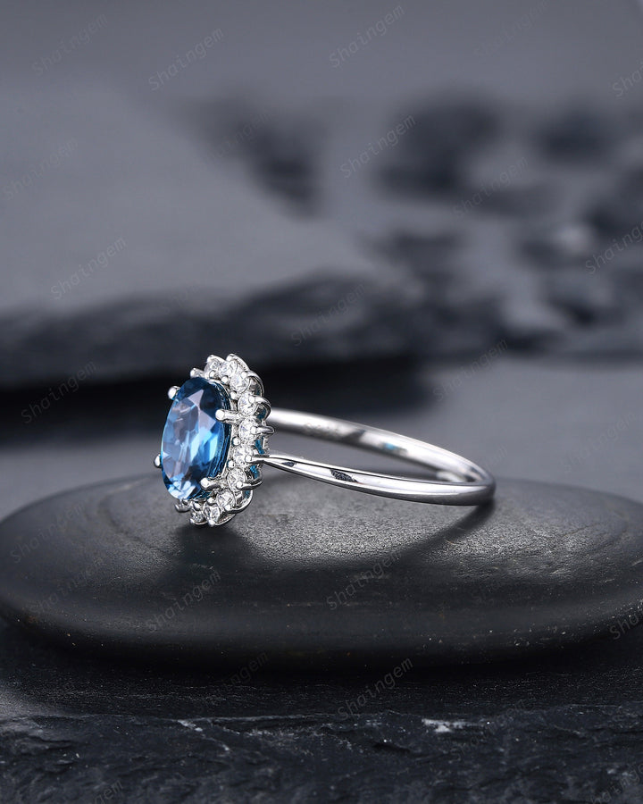 Vintage London Blue Topaz Engagement Ring ,14K White Gold Cluster Promise Ring, Oval Topaz Floral Wedding Ring, Unique Topaz Bridal Ring - ShainJewelry