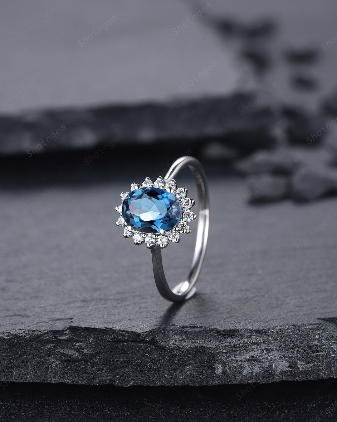 Vintage London Blue Topaz Engagement Ring ,14K White Gold Cluster Promise Ring, Oval Topaz Floral Wedding Ring, Unique Topaz Bridal Ring - ShainJewelry