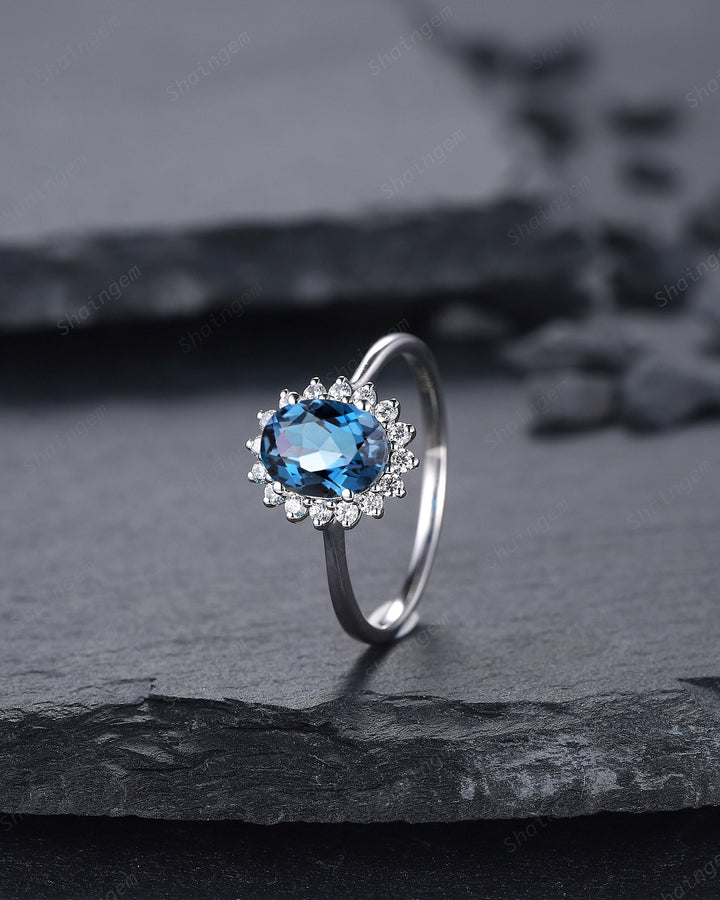 Vintage London Blue Topaz Engagement Ring ,14K White Gold Cluster Promise Ring, Oval Topaz Floral Wedding Ring, Unique Topaz Bridal Ring - ShainJewelry