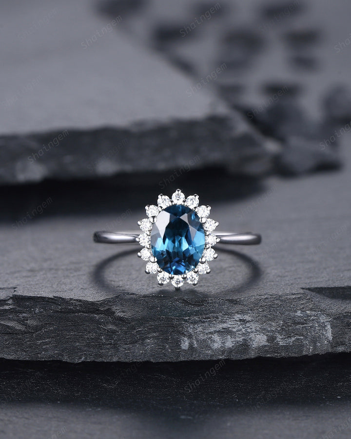 Vintage London Blue Topaz Engagement Ring ,14K White Gold Cluster Promise Ring, Oval Topaz Floral Wedding Ring, Unique Topaz Bridal Ring - ShainJewelry
