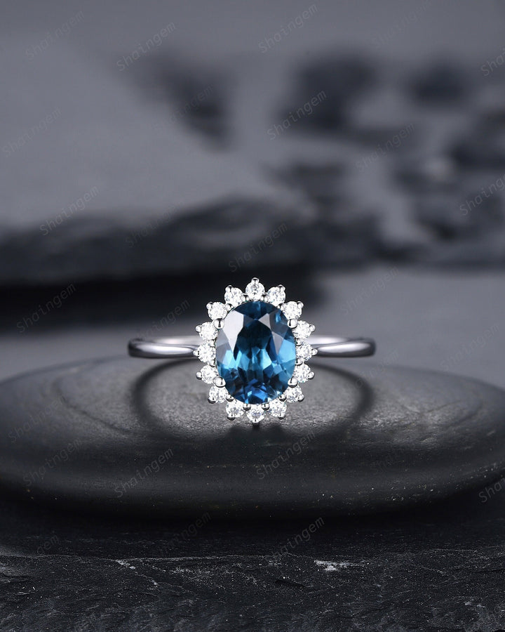Vintage London Blue Topaz Engagement Ring ,14K White Gold Cluster Promise Ring, Oval Topaz Floral Wedding Ring, Unique Topaz Bridal Ring - ShainJewelry