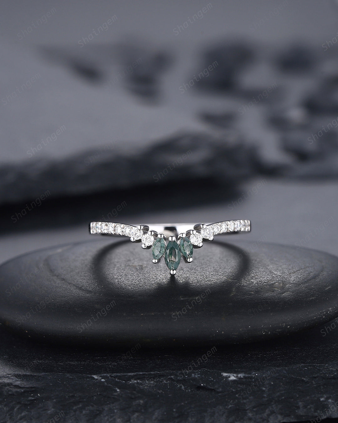 V Shaped Marquise Moss Agate Wedding Band, White Gold Moss Agate Engagement Band, Curved Matching Band, Stacking Anniversary Ring Enhancer - ShainJewelry