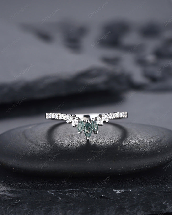 V Shaped Marquise Moss Agate Wedding Band, White Gold Moss Agate Engagement Band, Curved Matching Band, Stacking Anniversary Ring Enhancer - ShainJewelry