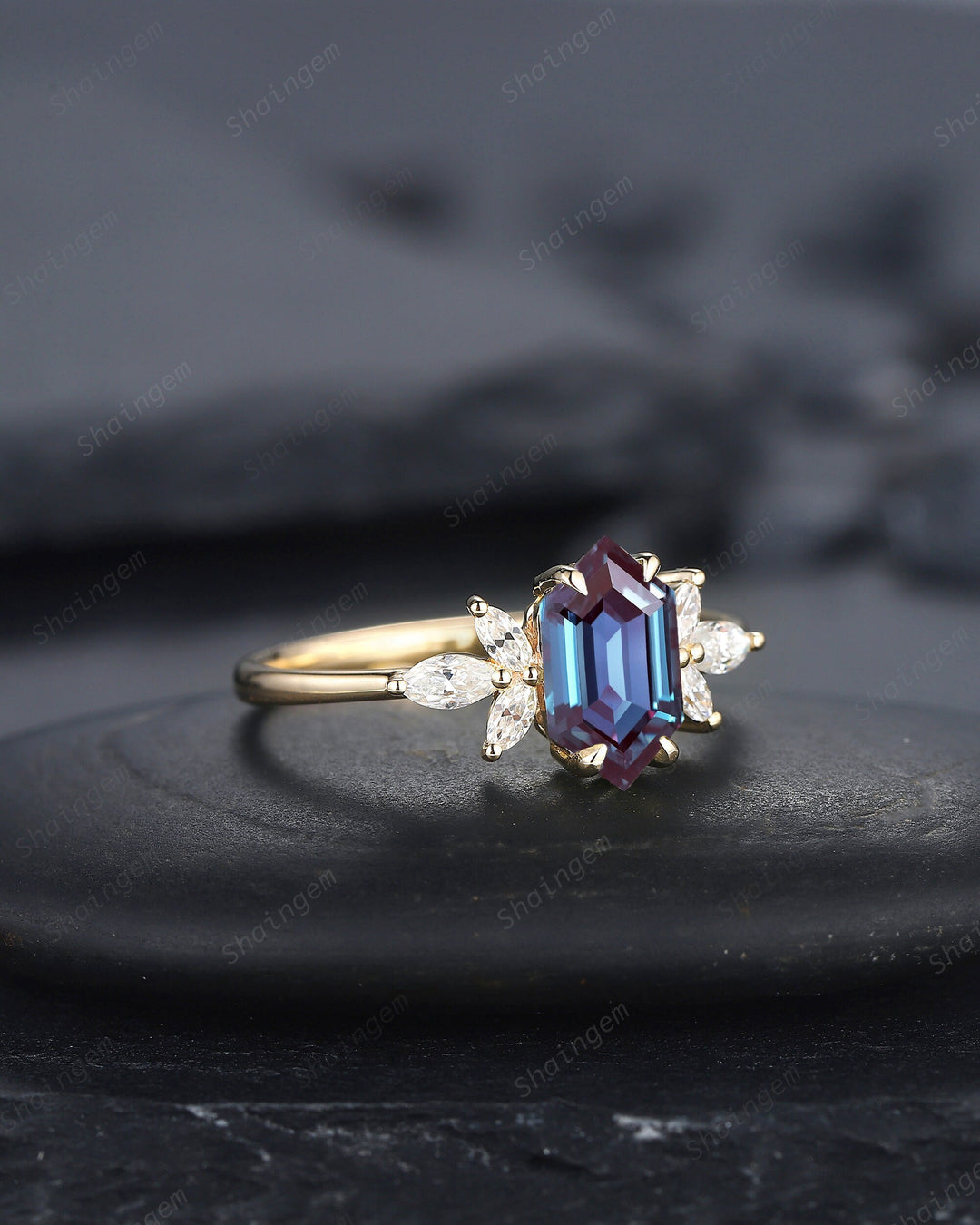 Vintage Long Hexagon Alexandrite Engagement Ring, Unique 14K Gold Cluster Alexandrite Wedding Ring, Marquise Moissanite Promise Ring Gift - ShainJewelry