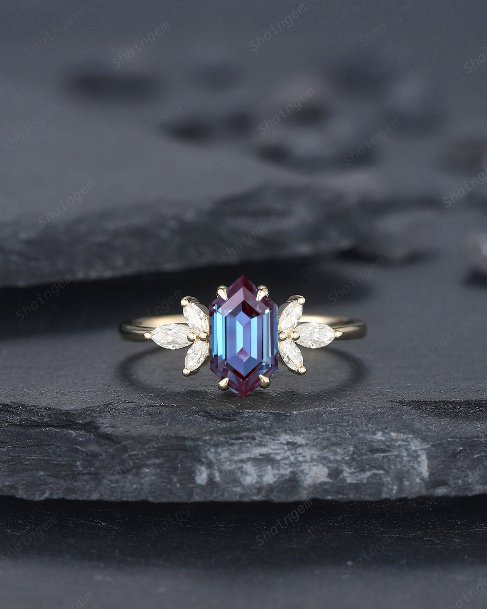 Vintage Long Hexagon Alexandrite Engagement Ring, Unique 14K Gold Cluster Alexandrite Wedding Ring, Marquise Moissanite Promise Ring Gift - ShainJewelry