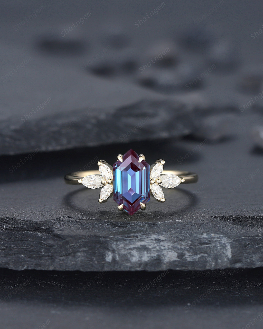 Vintage Long Hexagon Alexandrite Engagement Ring, Unique 14K Gold Cluster Alexandrite Wedding Ring, Marquise Moissanite Promise Ring Gift - ShainJewelry
