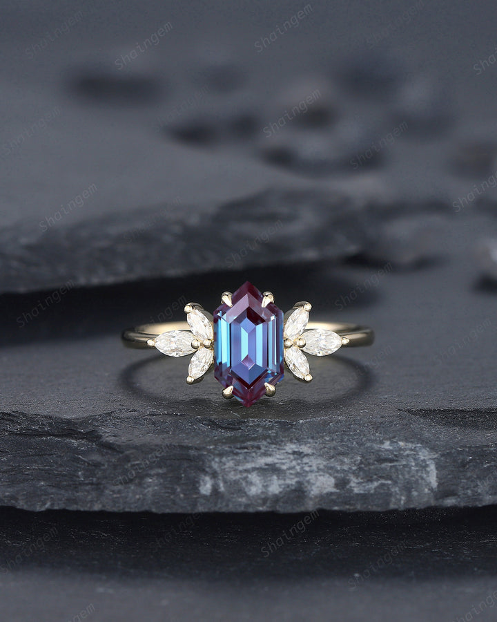 Vintage Long Hexagon Alexandrite Engagement Ring, Unique 14K Gold Cluster Alexandrite Wedding Ring, Marquise Moissanite Promise Ring Gift - ShainJewelry