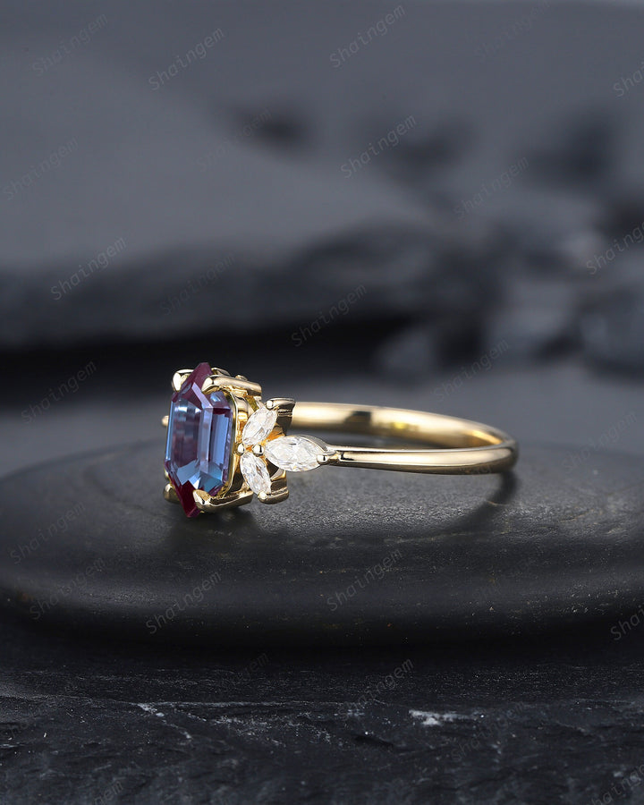 Vintage Long Hexagon Alexandrite Engagement Ring, Unique 14K Gold Cluster Alexandrite Wedding Ring, Marquise Moissanite Promise Ring Gift - ShainJewelry