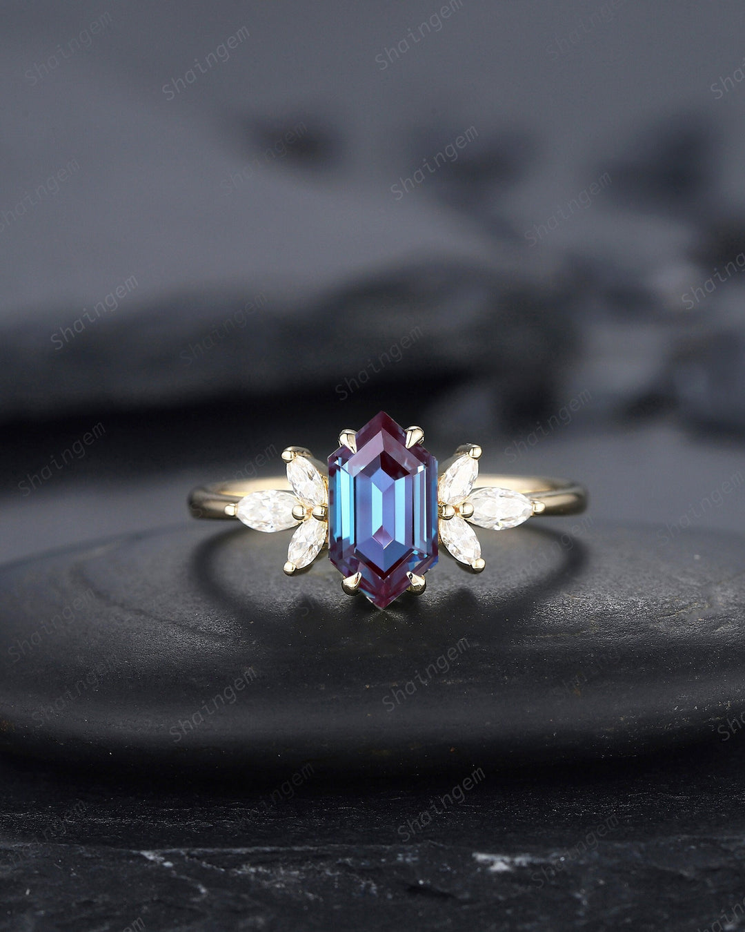 Vintage Long Hexagon Alexandrite Engagement Ring, Unique 14K Gold Cluster Alexandrite Wedding Ring, Marquise Moissanite Promise Ring Gift - ShainJewelry
