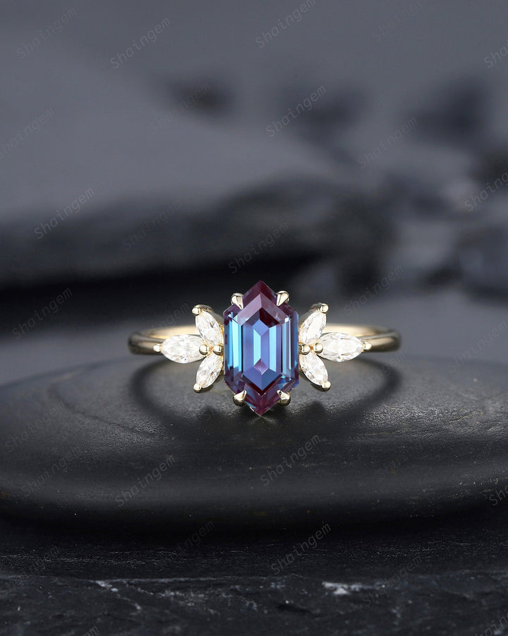 Vintage Long Hexagon Alexandrite Engagement Ring, Unique 14K Gold Cluster Alexandrite Wedding Ring, Marquise Moissanite Promise Ring Gift - ShainJewelry