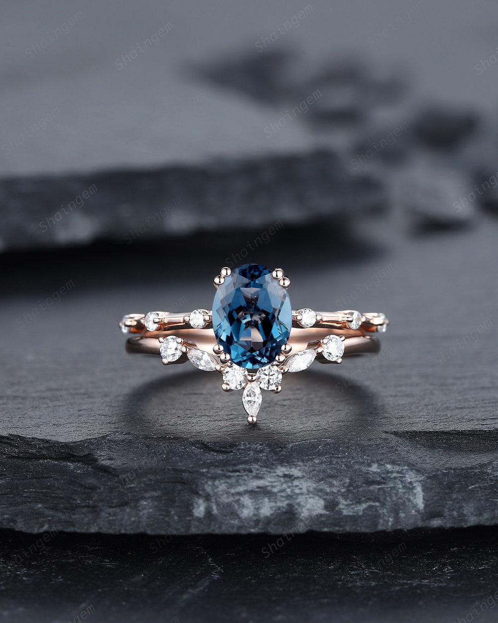 Vintage Oval Cut Topaz Engagement Ring Set, Unique Blue Topaz Promise Ring, 14K Rose Gold Hidden Halo Bridal Set, Topaz Wedding Ring Gift - ShainJewelry