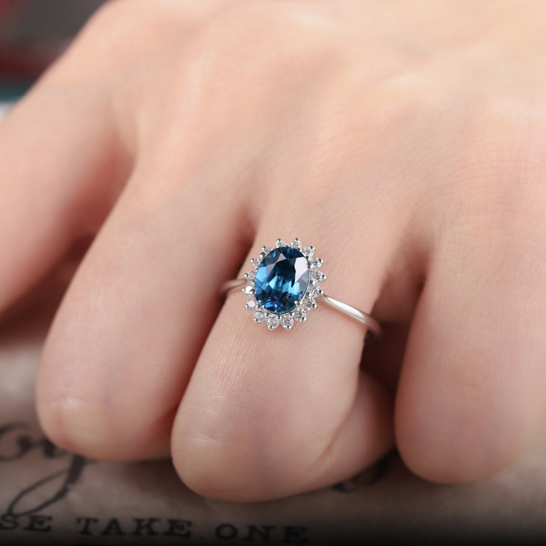 Vintage London Blue Topaz Engagement Ring ,14K White Gold Cluster Promise Ring, Oval Topaz Floral Wedding Ring, Unique Topaz Bridal Ring - ShainJewelry