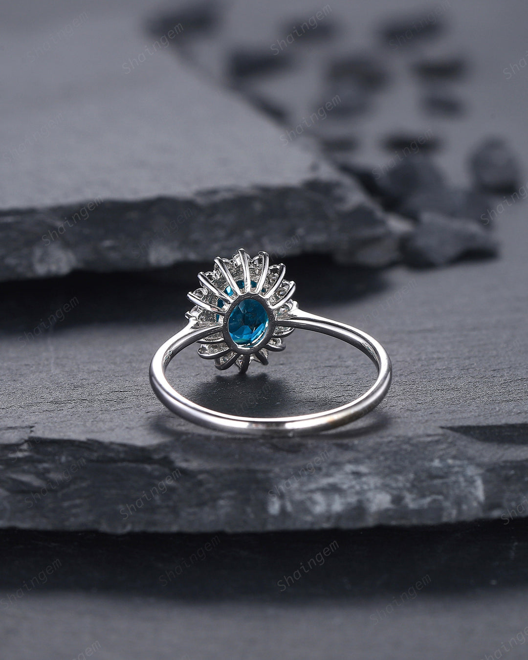 Vintage London Blue Topaz Engagement Ring ,14K White Gold Cluster Promise Ring, Oval Topaz Floral Wedding Ring, Unique Topaz Bridal Ring - ShainJewelry