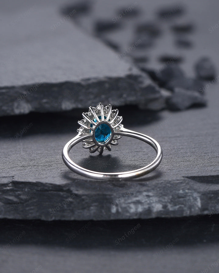 Vintage London Blue Topaz Engagement Ring ,14K White Gold Cluster Promise Ring, Oval Topaz Floral Wedding Ring, Unique Topaz Bridal Ring - ShainJewelry