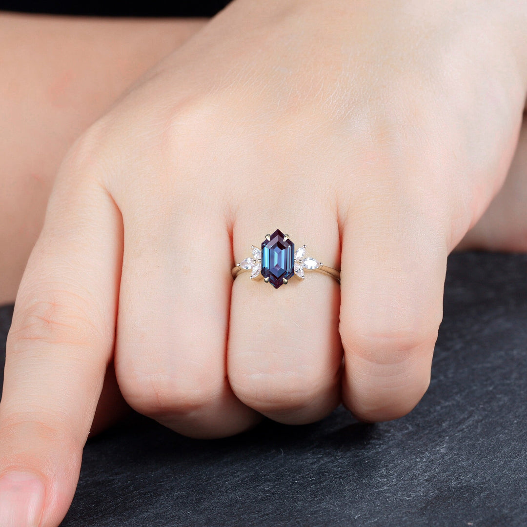 Vintage Long Hexagon Alexandrite Engagement Ring, Unique 14K Gold Cluster Alexandrite Wedding Ring, Marquise Moissanite Promise Ring Gift - ShainJewelry
