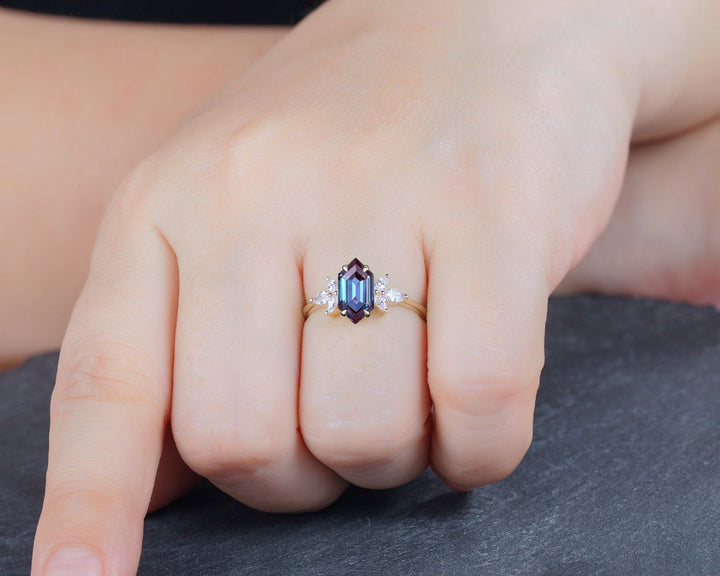 Vintage Long Hexagon Alexandrite Engagement Ring, Unique 14K Gold Cluster Alexandrite Wedding Ring, Marquise Moissanite Promise Ring Gift - ShainJewelry