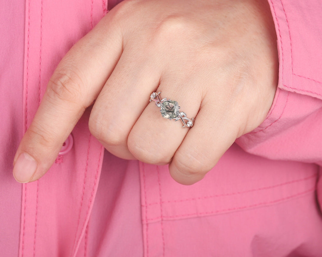 Cushion Cut Moss Agate Wedding Ring, Unique Twig Leaf White Gold Moss Agate Engagement Promise Ring, Anniversary Ring Gift for Women - ShainJewelry