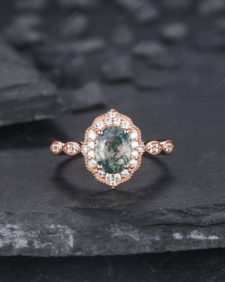 Vintage Oval Shape Moss Agate Engagement Ring Set, 14K Rose Gold Moss Agate Floral Halo Promise Ring, Wedding Ring Bridal Set Gift for her - ShainJewelry