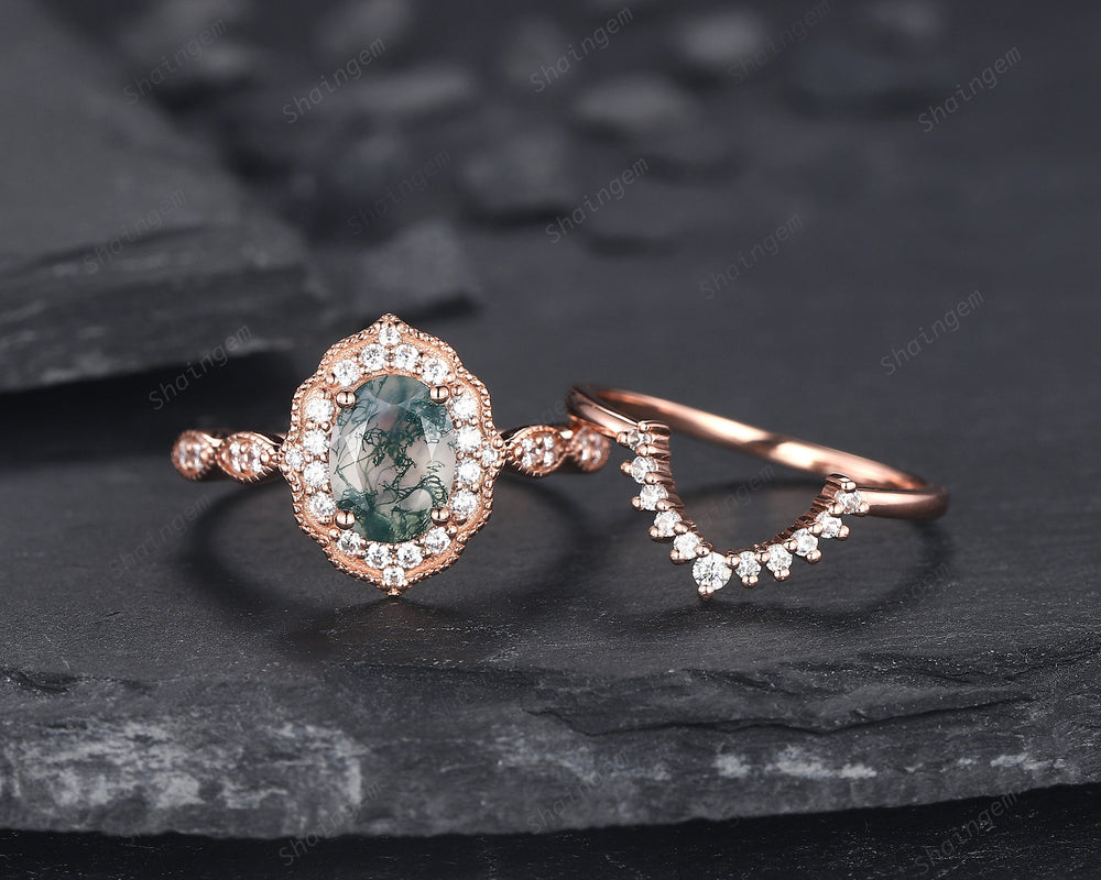 Vintage Oval Shape Moss Agate Engagement Ring Set, 14K Rose Gold Moss Agate Floral Halo Promise Ring, Wedding Ring Bridal Set Gift for her - ShainJewelry