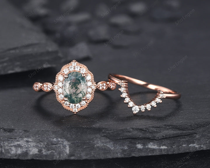 Vintage Oval Shape Moss Agate Engagement Ring Set, 14K Rose Gold Moss Agate Floral Halo Promise Ring, Wedding Ring Bridal Set Gift for her - ShainJewelry
