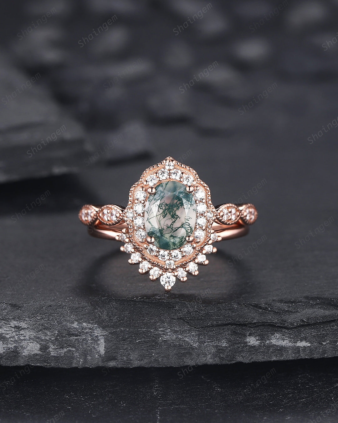 Vintage Oval Shape Moss Agate Engagement Ring Set, 14K Rose Gold Moss Agate Floral Halo Promise Ring, Wedding Ring Bridal Set Gift for her - ShainJewelry