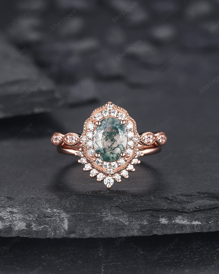 Vintage Oval Shape Moss Agate Engagement Ring Set, 14K Rose Gold Moss Agate Floral Halo Promise Ring, Wedding Ring Bridal Set Gift for her - ShainJewelry