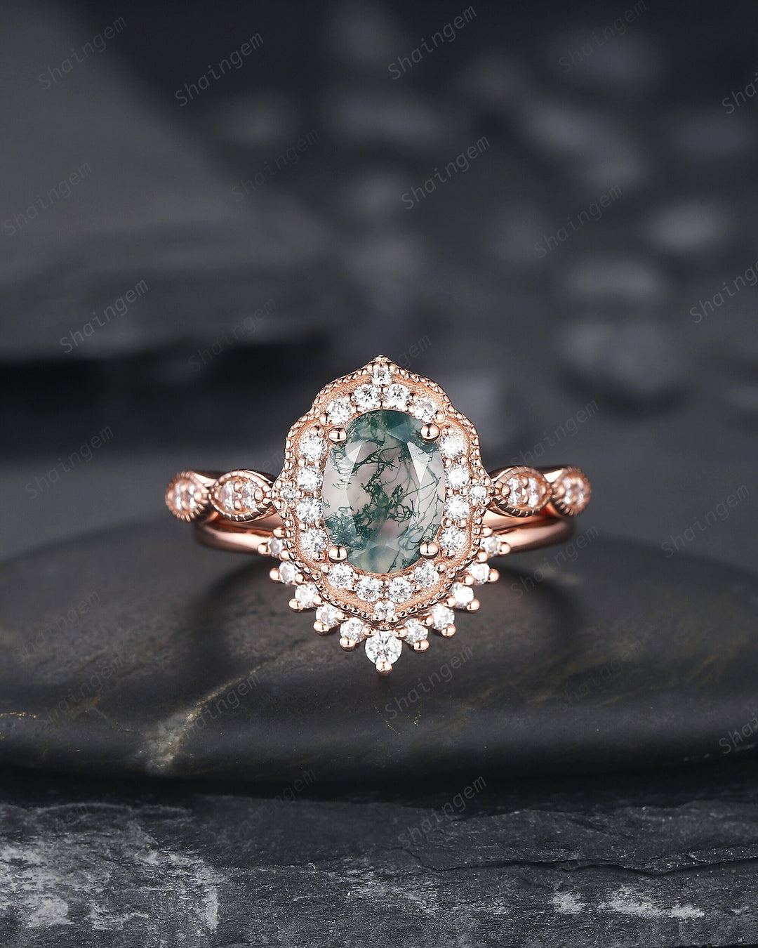 Vintage Oval Shape Moss Agate Engagement Ring Set, 14K Rose Gold Moss Agate Floral Halo Promise Ring, Wedding Ring Bridal Set Gift for her - ShainJewelry