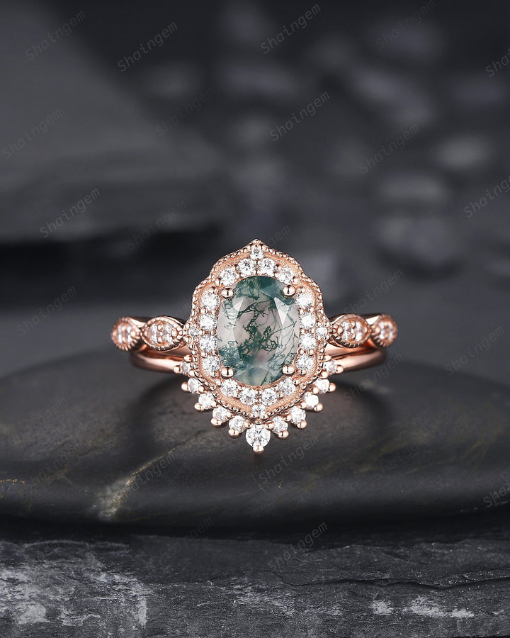 Vintage Oval Shape Moss Agate Engagement Ring Set, 14K Rose Gold Moss Agate Floral Halo Promise Ring, Wedding Ring Bridal Set Gift for her - ShainJewelry
