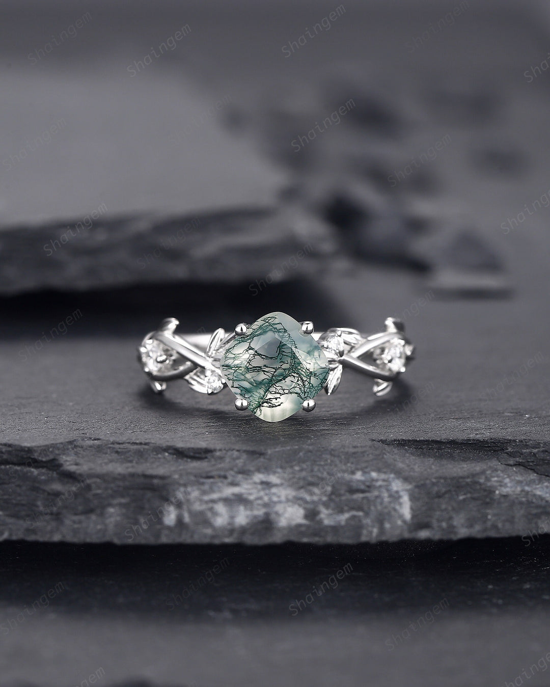 Cushion Cut Moss Agate Wedding Ring, Unique Twig Leaf White Gold Moss Agate Engagement Promise Ring, Anniversary Ring Gift for Women - ShainJewelry