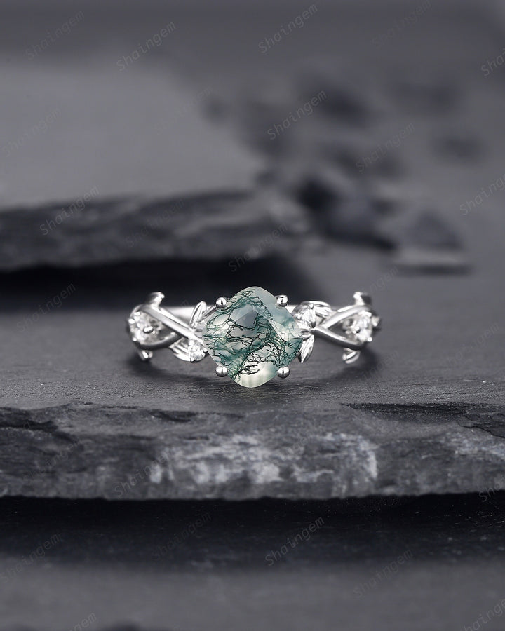 Cushion Cut Moss Agate Wedding Ring, Unique Twig Leaf White Gold Moss Agate Engagement Promise Ring, Anniversary Ring Gift for Women - ShainJewelry