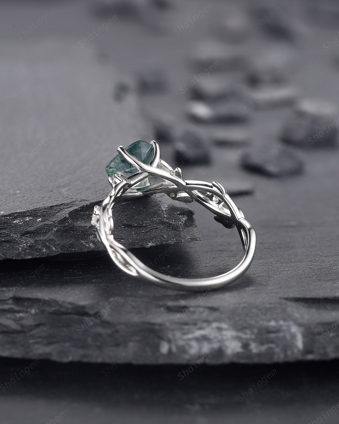 Cushion Cut Moss Agate Wedding Ring, Unique Twig Leaf White Gold Moss Agate Engagement Promise Ring, Anniversary Ring Gift for Women - ShainJewelry