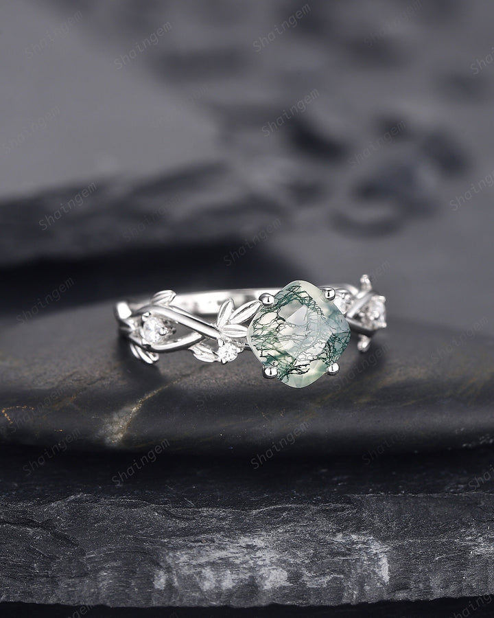 Cushion Cut Moss Agate Wedding Ring, Unique Twig Leaf White Gold Moss Agate Engagement Promise Ring, Anniversary Ring Gift for Women - ShainJewelry