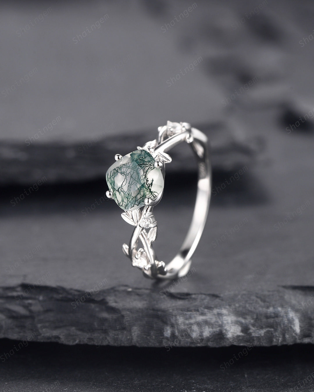 Cushion Cut Moss Agate Wedding Ring, Unique Twig Leaf White Gold Moss Agate Engagement Promise Ring, Anniversary Ring Gift for Women - ShainJewelry