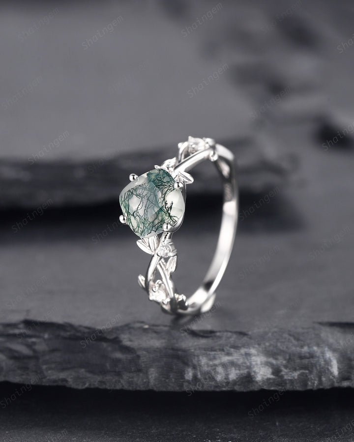 Cushion Cut Moss Agate Wedding Ring, Unique Twig Leaf White Gold Moss Agate Engagement Promise Ring, Anniversary Ring Gift for Women - ShainJewelry