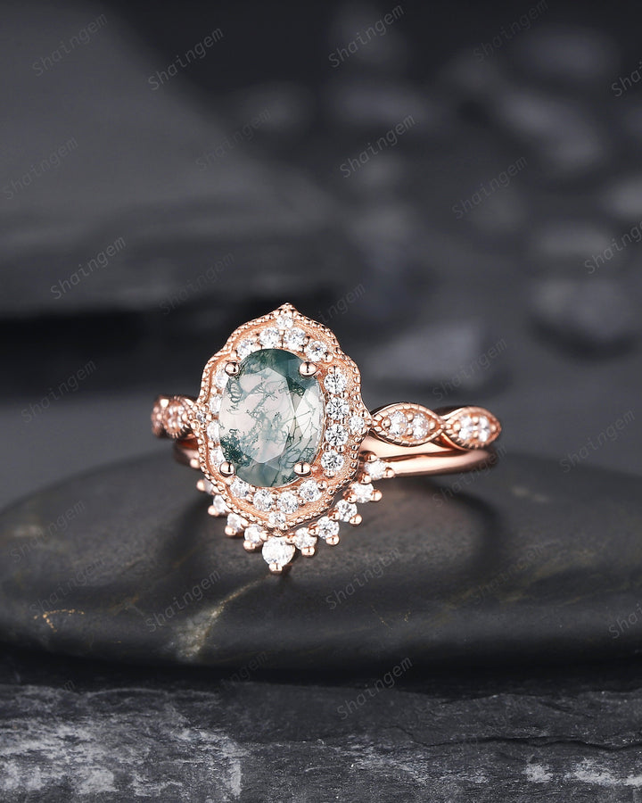 Vintage Oval Shape Moss Agate Engagement Ring Set, 14K Rose Gold Moss Agate Floral Halo Promise Ring, Wedding Ring Bridal Set Gift for her - ShainJewelry