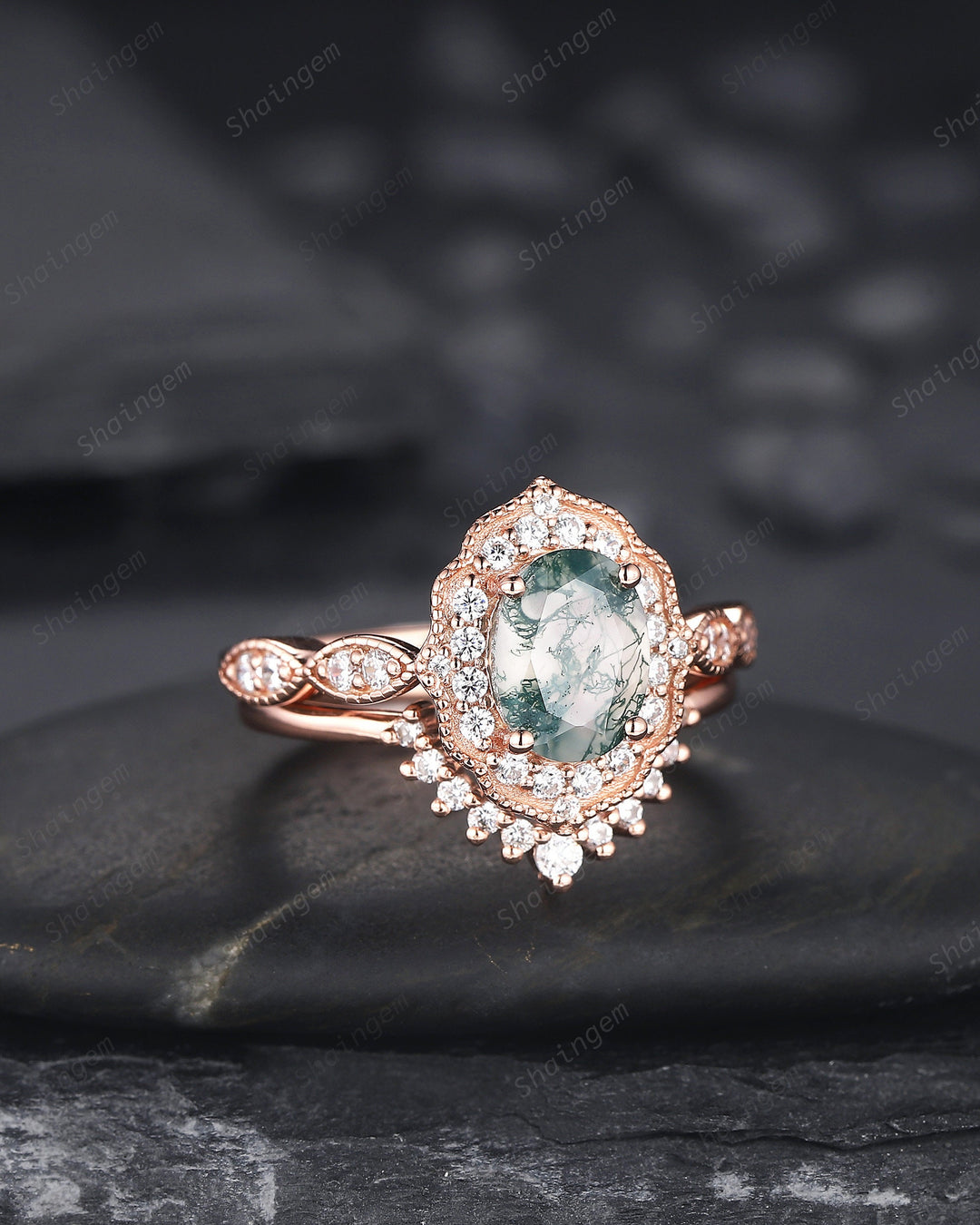 Vintage Oval Shape Moss Agate Engagement Ring Set, 14K Rose Gold Moss Agate Floral Halo Promise Ring, Wedding Ring Bridal Set Gift for her - ShainJewelry