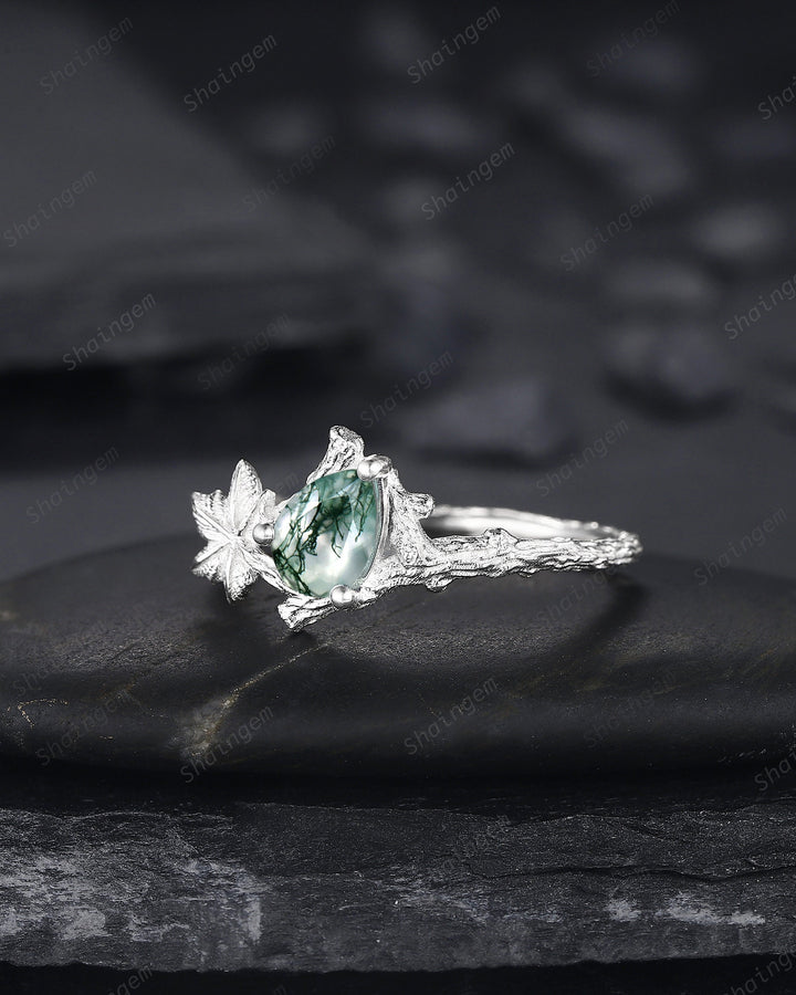Maple Leaf Pear Shape Moss Agate Engagement Ring, 14K White Gold Solitaire Moss Agate Vine Ring, Twig Branch Wedding Ring Promise Ring Gift - ShainJewelry