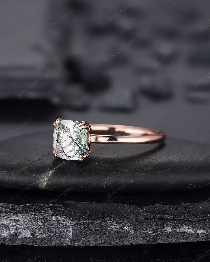 Cushion Shape Solitaire Moss Agate Engagement Ring, Rose Gold Moss Agate Promise Ring, Minimalist Anniversary Ring Jewelry Gift for Women - ShainJewelry