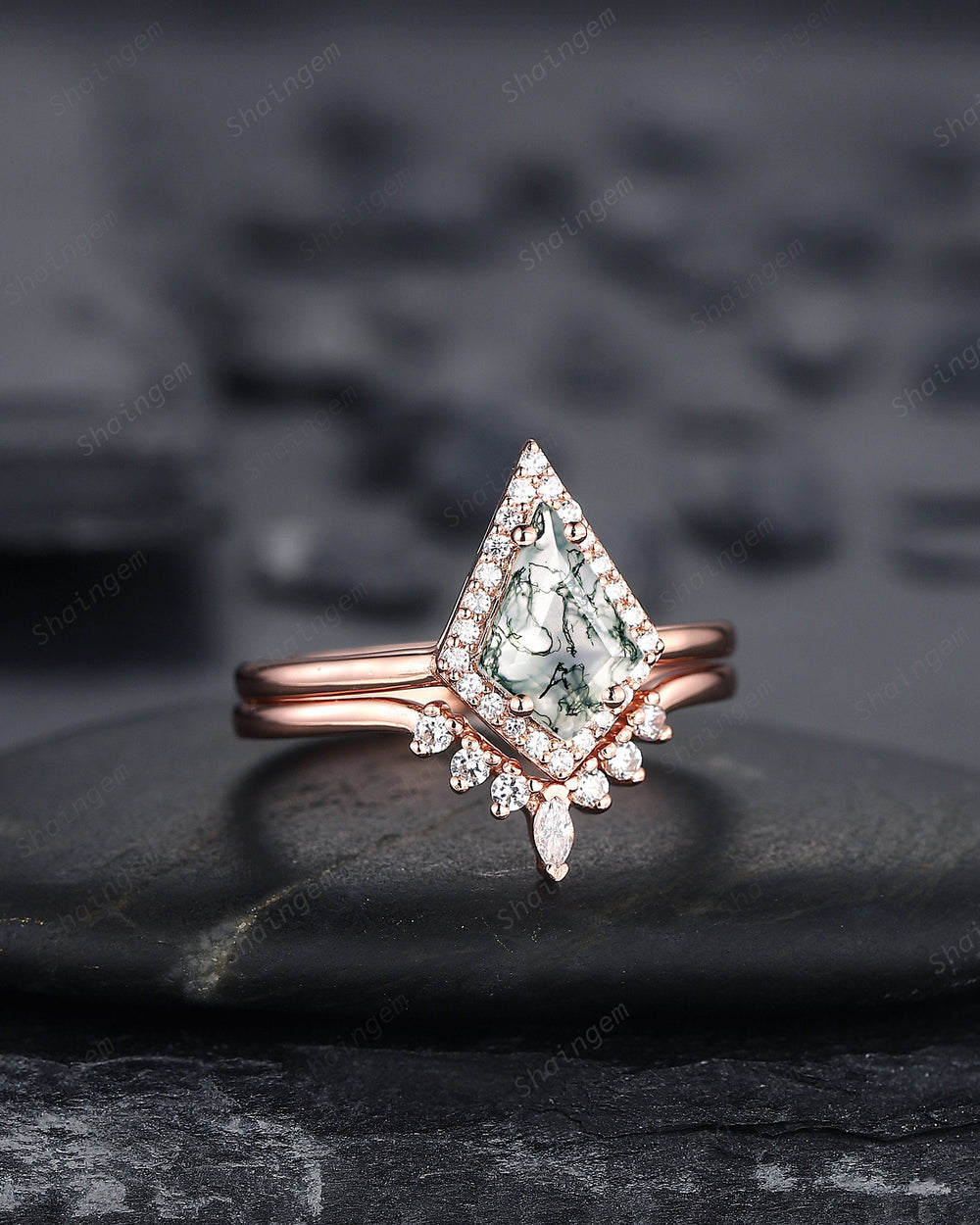Vintage Kite Cut Moss Agate Engagement Ring Set, V Shape 14K Rose Gold Moss Agate Promise Wedding Ring, Moss Agate Bridal Set Gift for Women - ShainJewelry