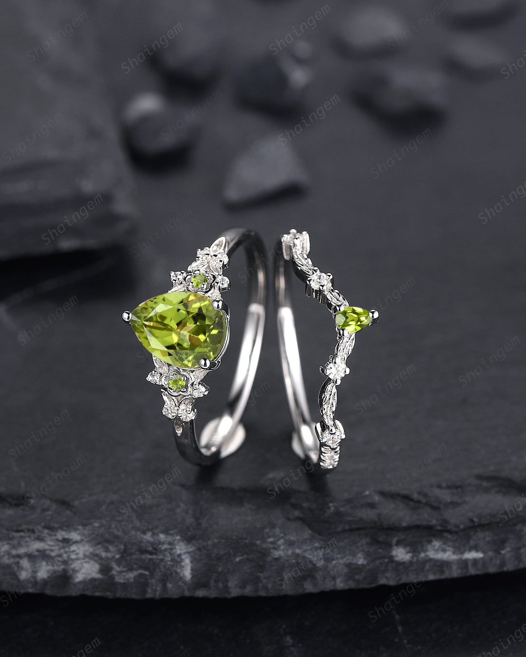 Vintage Pear Shape Peridot Engagement Ring Set, Unique 14K White Gold Floral Wedding Ring Bridal Set, Twig Branch Promise Ring for Women - ShainJewelry
