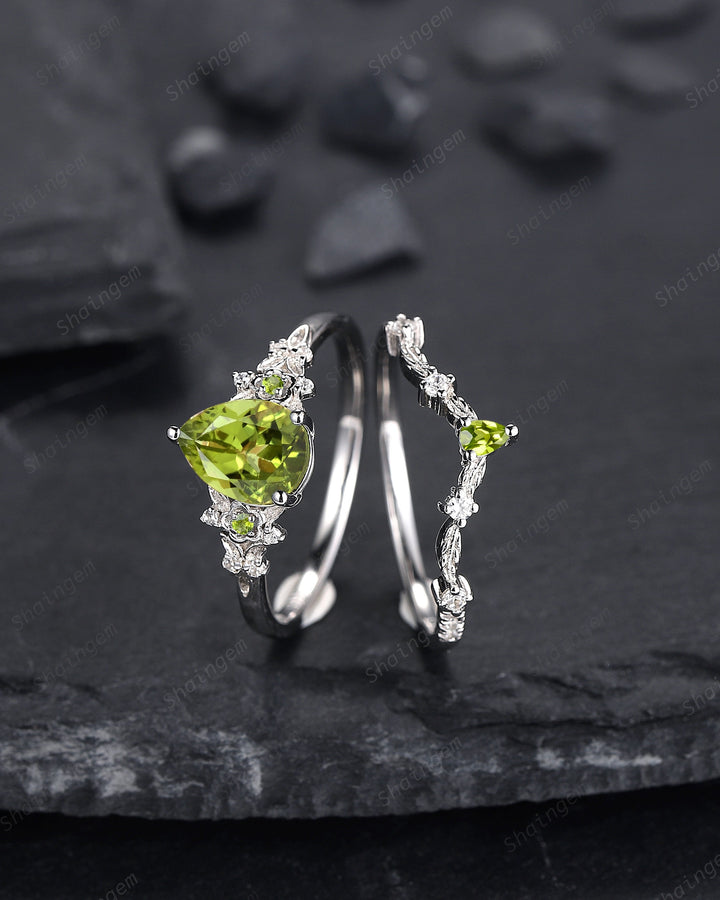 Vintage Pear Shape Peridot Engagement Ring Set, Unique 14K White Gold Floral Wedding Ring Bridal Set, Twig Branch Promise Ring for Women - ShainJewelry