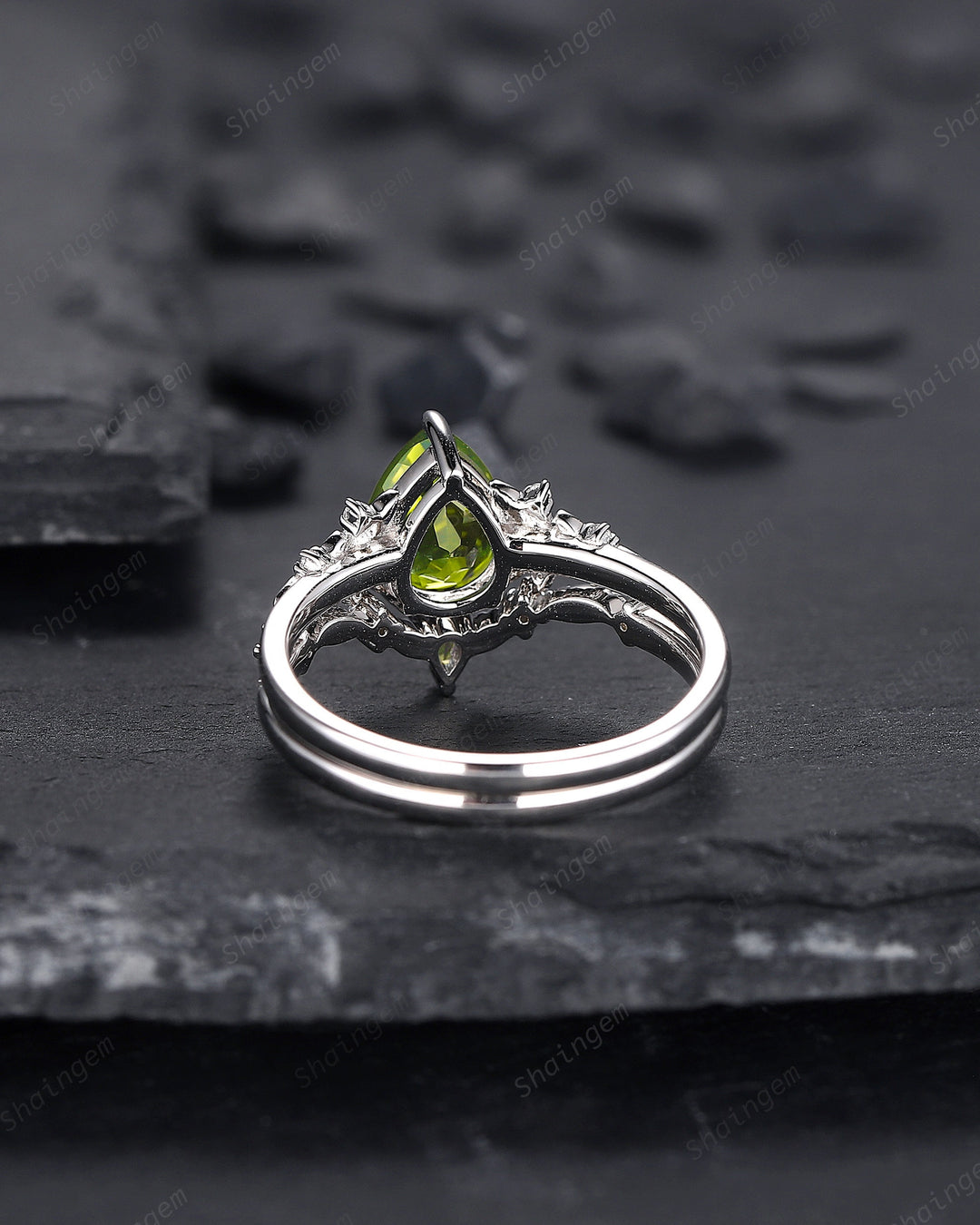 Vintage Pear Shape Peridot Engagement Ring Set, Unique 14K White Gold Floral Wedding Ring Bridal Set, Twig Branch Promise Ring for Women - ShainJewelry